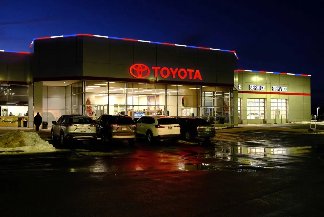 Toyota dealership with red and blue neon accent lighting