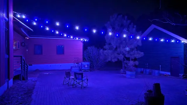 Same patio with blue and white color-changing lights