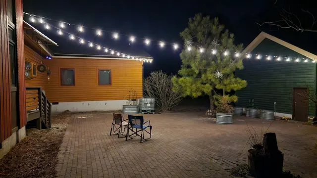 Residential patio with warm white string lights