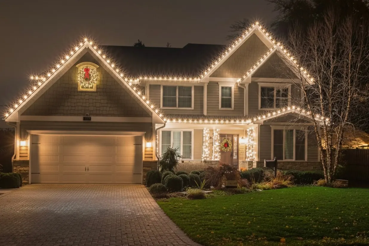 A beautiful home decorated with traditional multi-colored Christmas lights