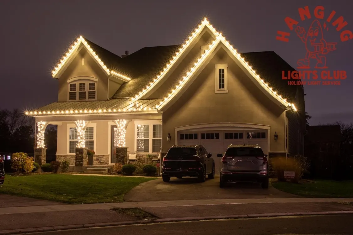 Suburban house with warm, classic Christmas lights