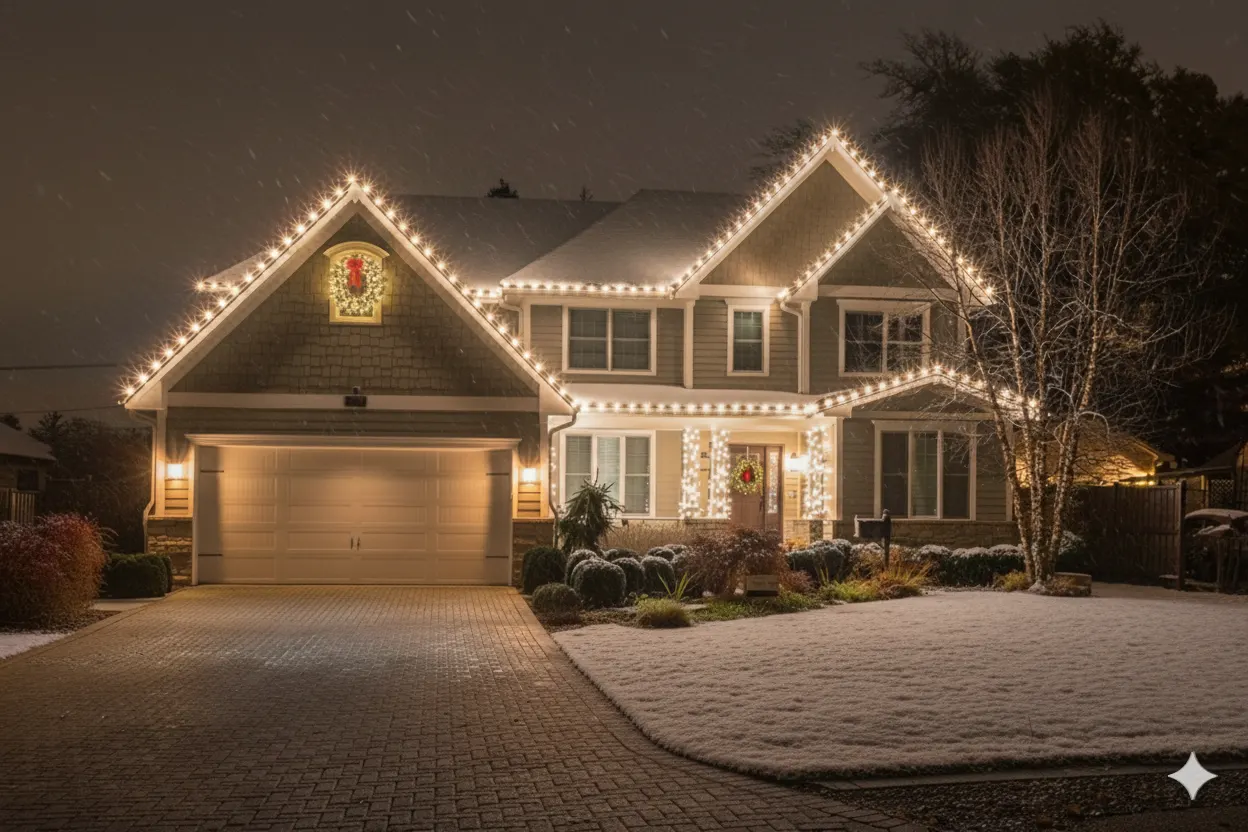 Beautifully decorated house with festive holiday lights at dusk